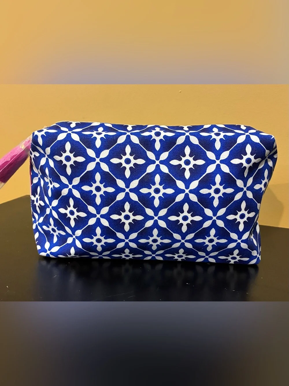 Estée Lauder Make Up Bag Zip Top Blue White Floral & Geometric NWOT